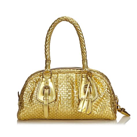 prada metallic gold & green woven leather tote bag|Prada eternal gold collection.